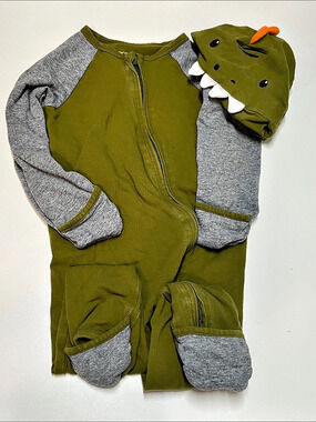Dinosaur Footie Costume Green Gray Baby Hat 18M